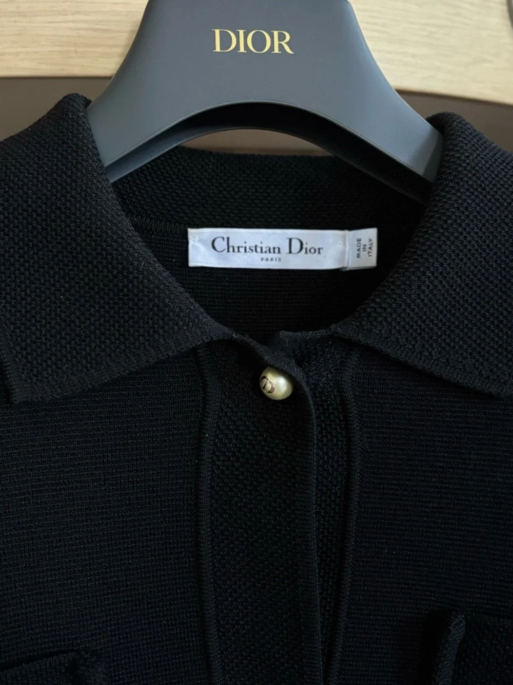 Dior Black Knit Collared Jacket with Pearl Button